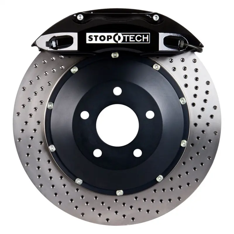 Stoptech 83.343.4300.52 Front Big Brake Kit – Black Calipers & Drilled Two-Piece Rotors 1